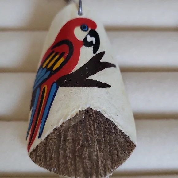 Hand Painted Parrot Carved Deer Antler Earrings Unique  Art - Picture 3 of 7